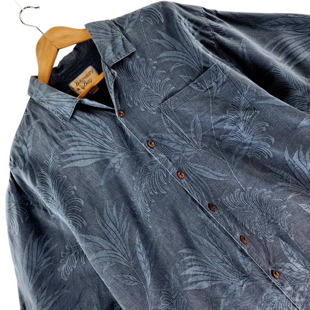 Boundary Bay Mens L 100% Silk Hawaiian Shirt Blue Tropical Palm Jacquard Aloha